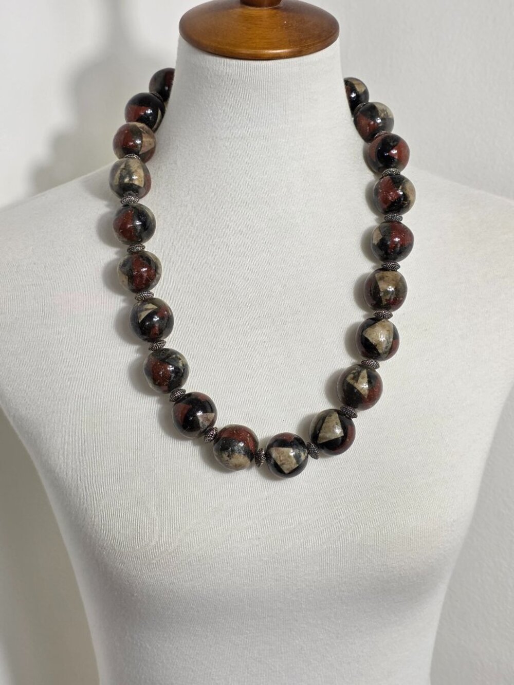 Vintage Decoupage Wood Bead Necklace Deep Mahogany, Black & Tan Geo Design